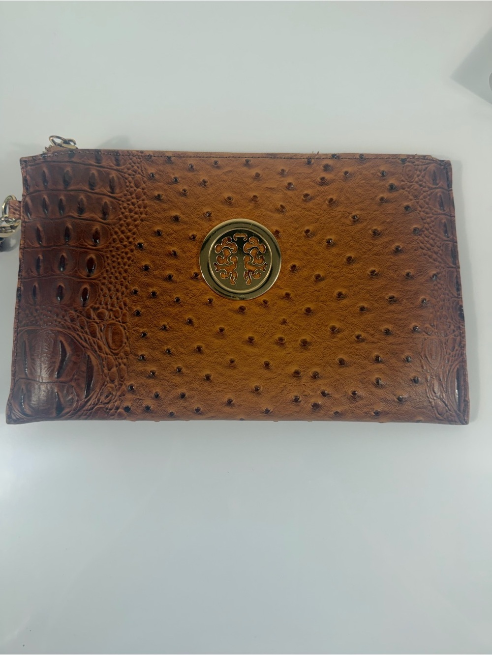 Brown Ostrich Croc Embossed Wristlet Clutch with Gold-Tone Medallion - Picture 5 of 7